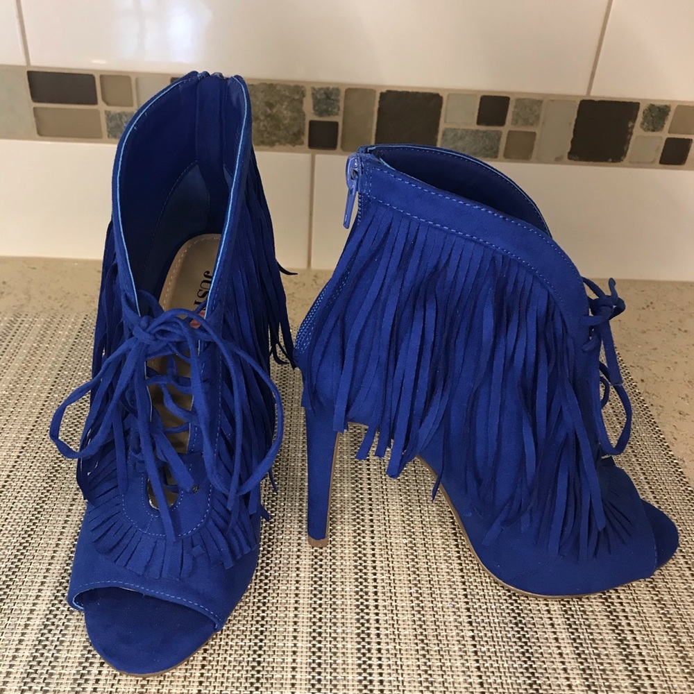 Just Fab Lace up Blue Fringe Heels
